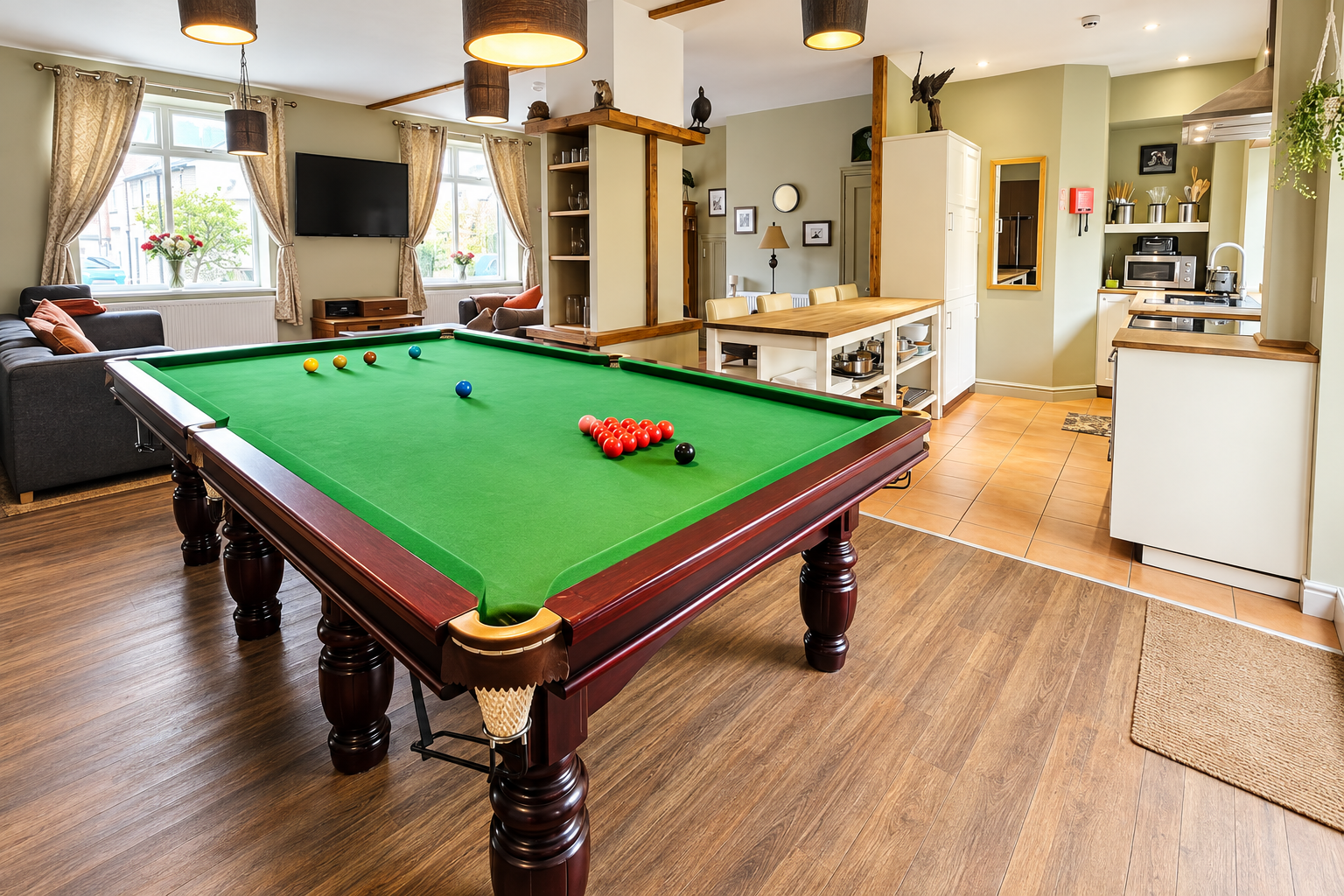Snooker and social room at The Allendale Wolf group accommodation in Northumberland